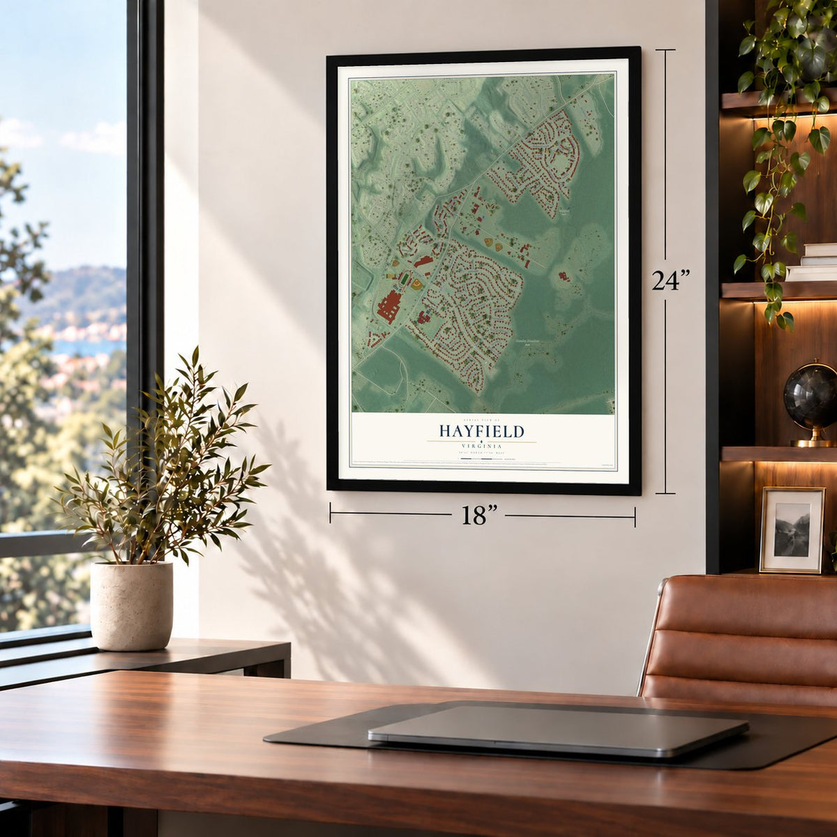 Hayfield, Virginia map, 18 x 24 inch print in a black frame in a home office