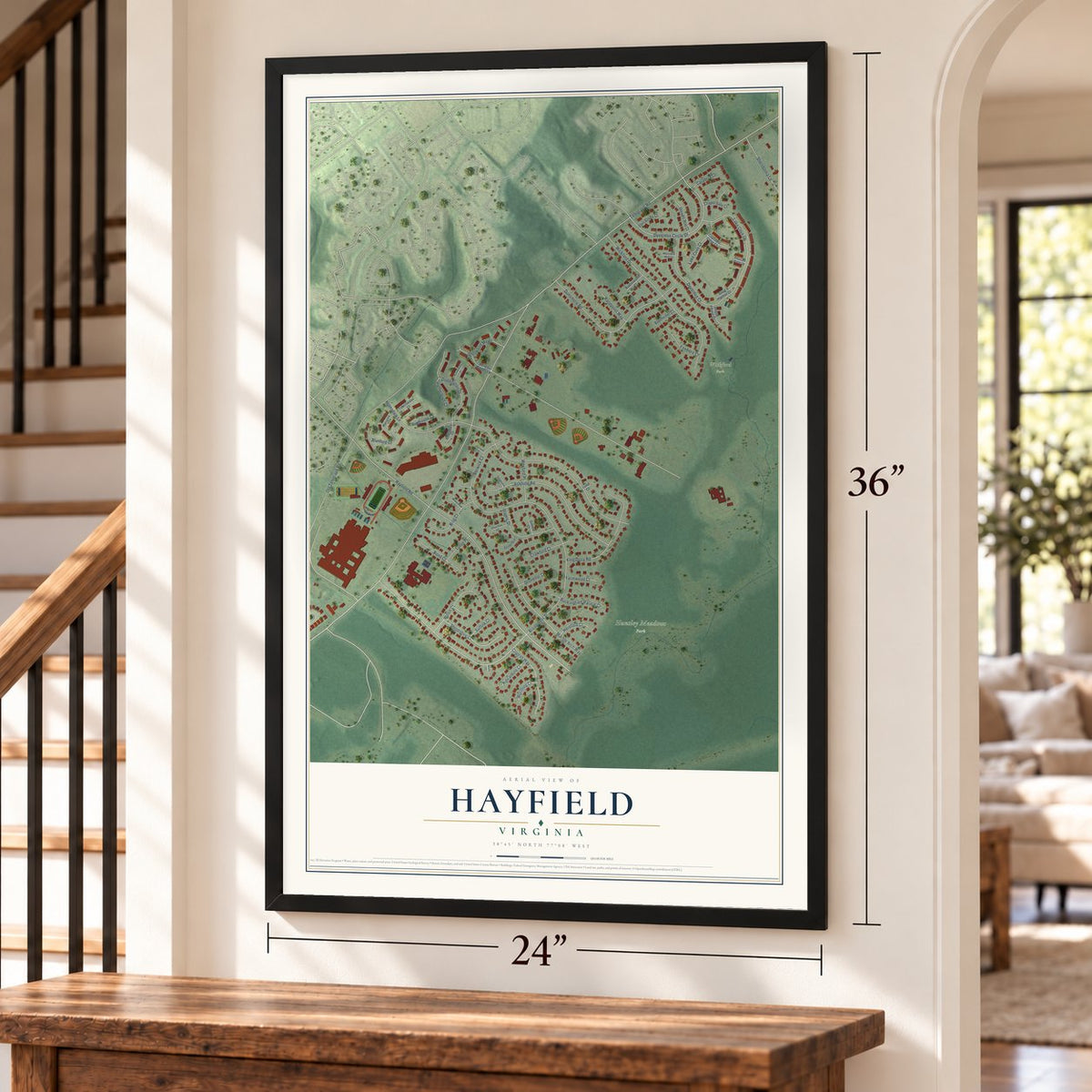 Hayfield, Virginia map, 24 x 36 inch print in a black frame by a staircase