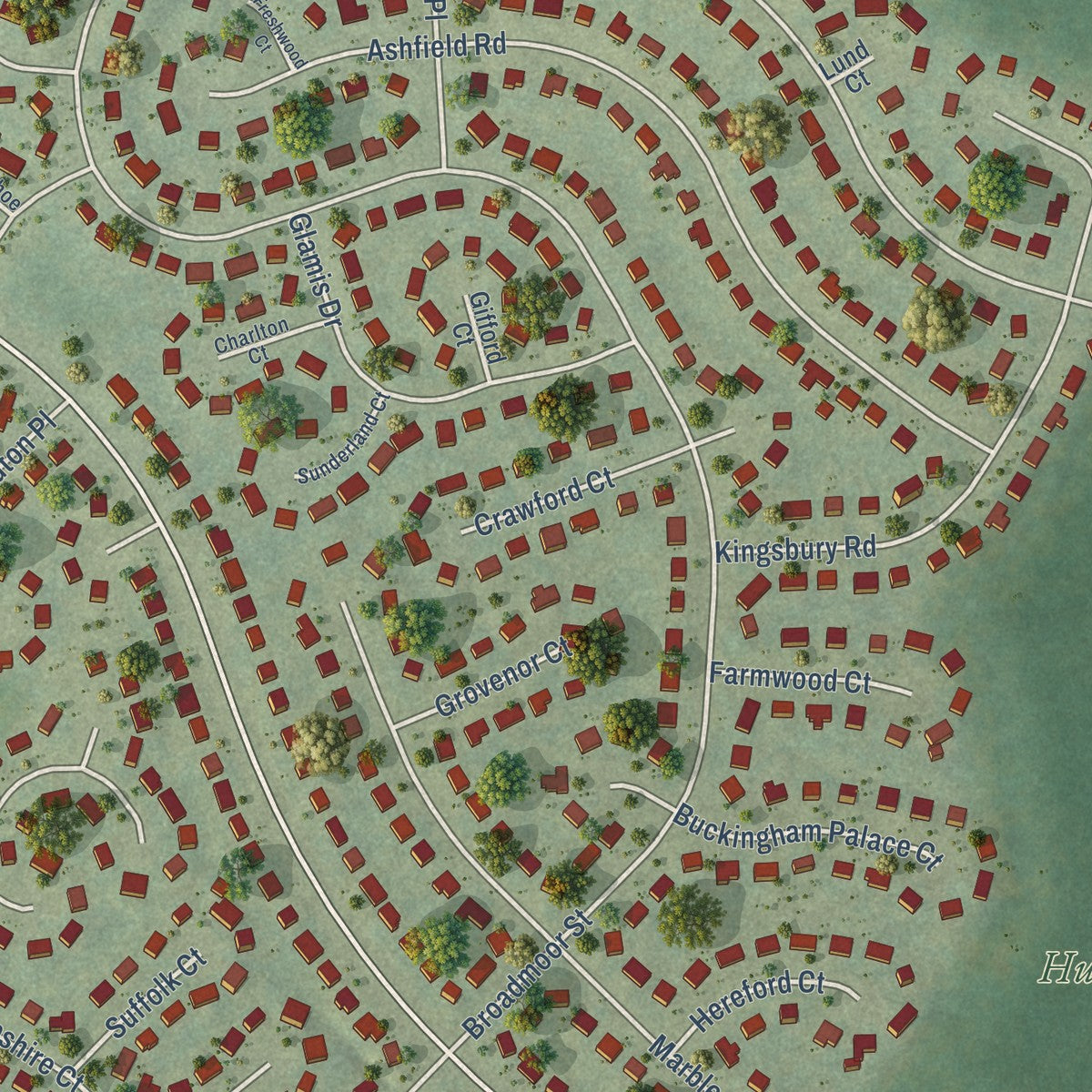Close-up of the map of Hayfield, Virginia print showing street and building detail