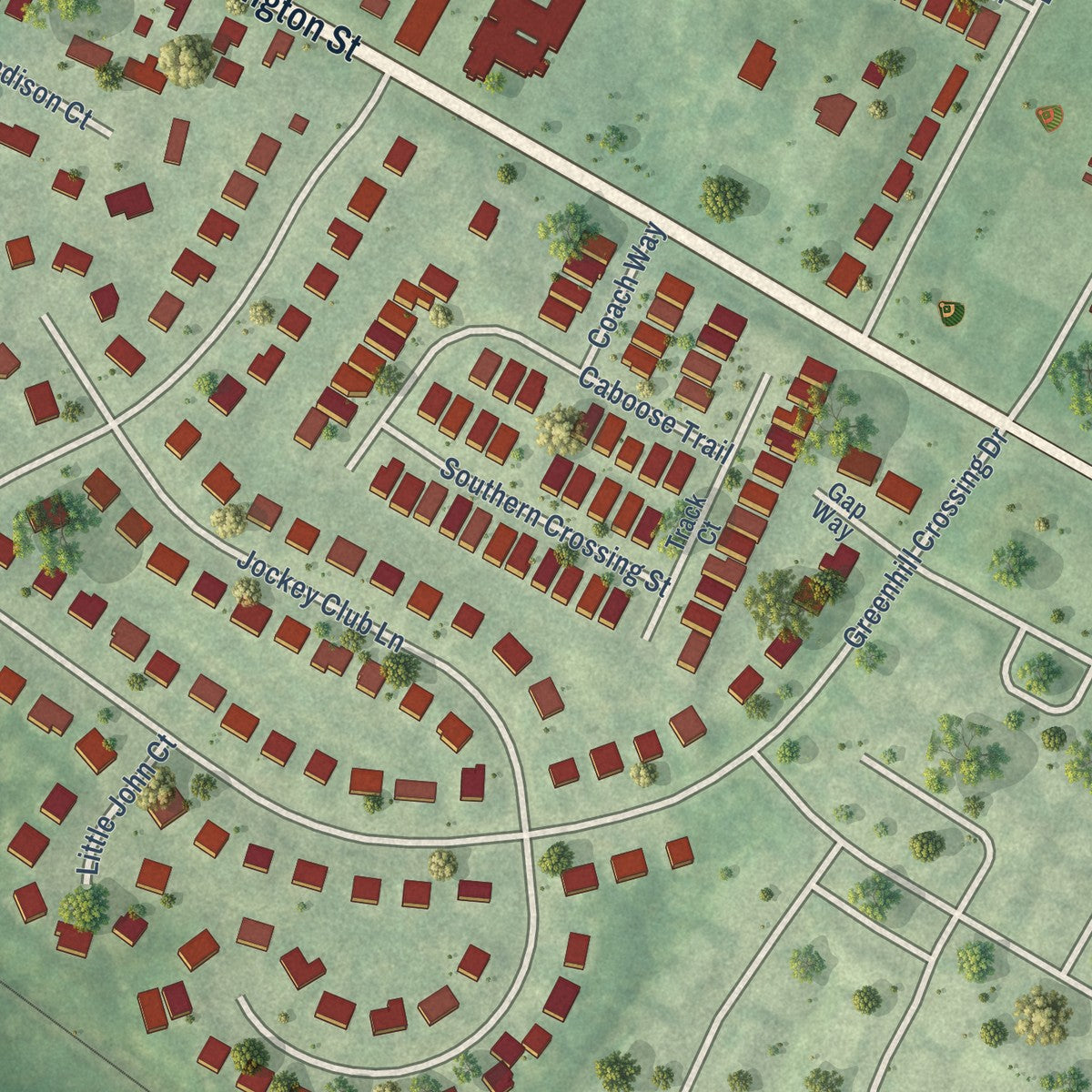 Close-up of the map of Haymarket, Virginia print showing street and building detail