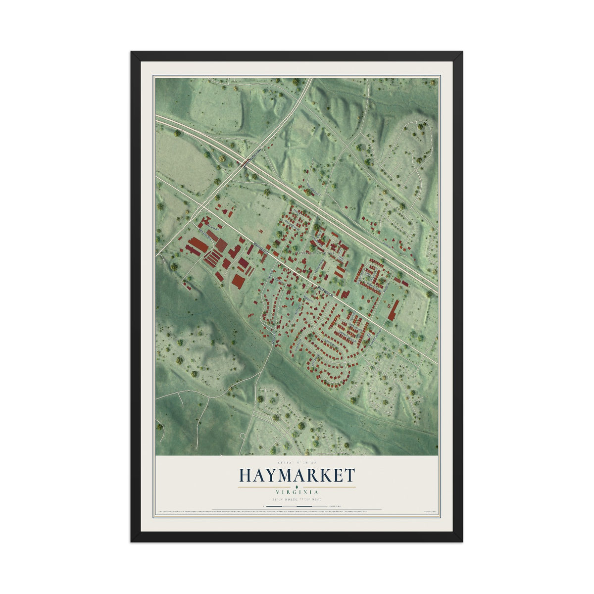 Map of Haymarket, Virginia, 12 x 18 inch print in a black wood frame