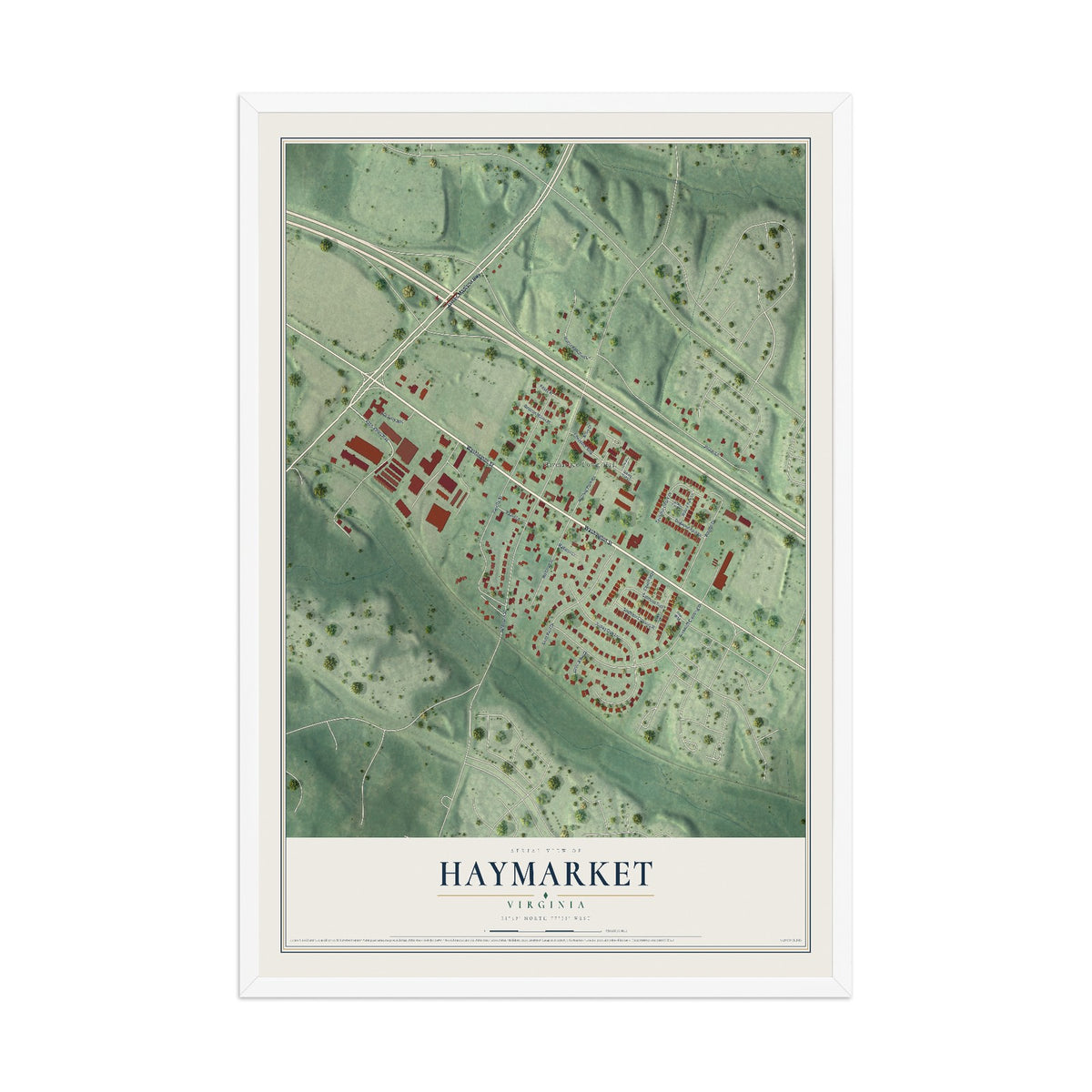 Map of Haymarket, Virginia, 12 x 18 inch print in a white wood frame