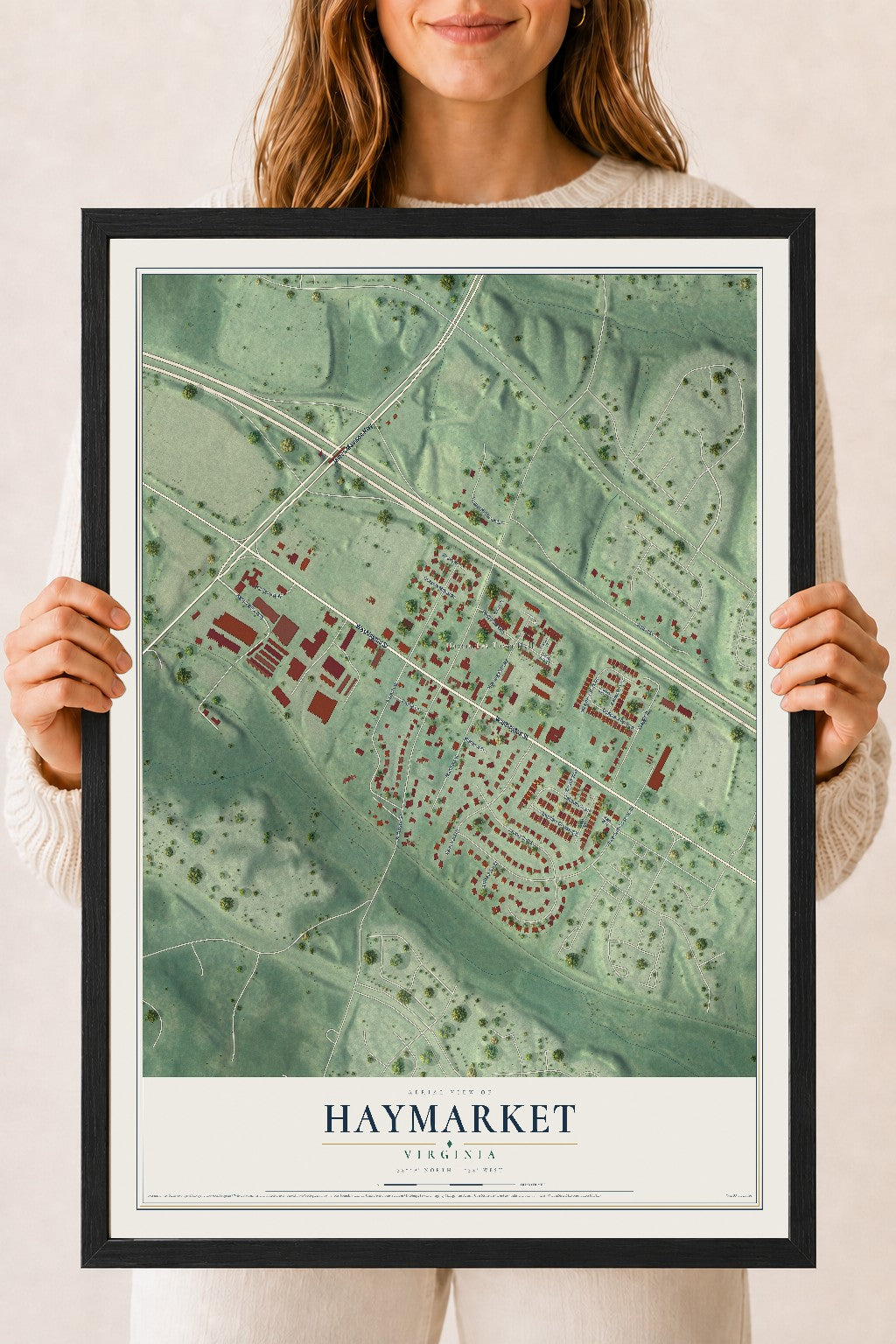 Map of Haymarket, Virginia, 18 x 24 inch print in a black wood frame