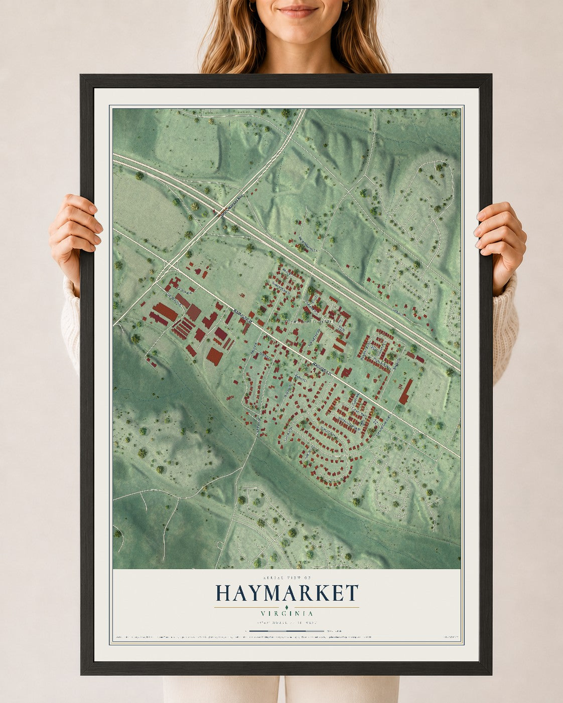 Map of Haymarket, Virginia, 24 x 36 inch print in a black wood frame
