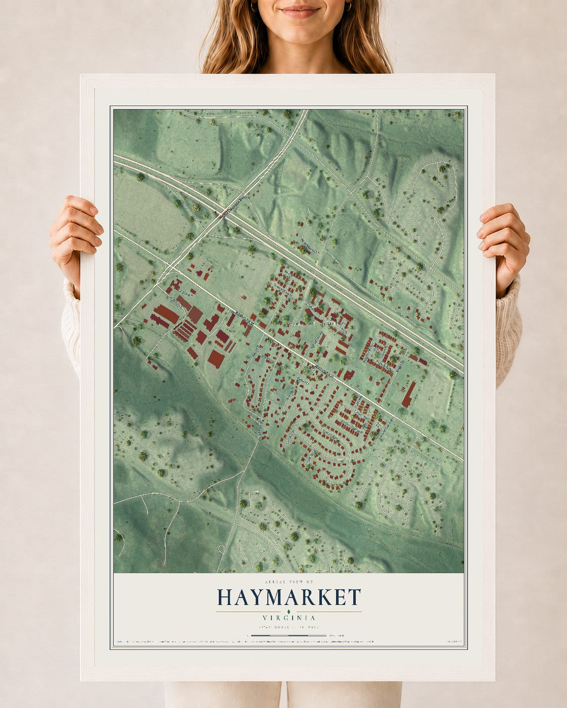 Map of Haymarket, Virginia, 24 x 36 inch print in a white wood frame