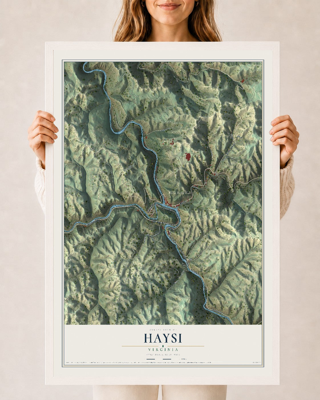 Map of Haysi, Virginia, 24 x 36 inch print in a white wood frame