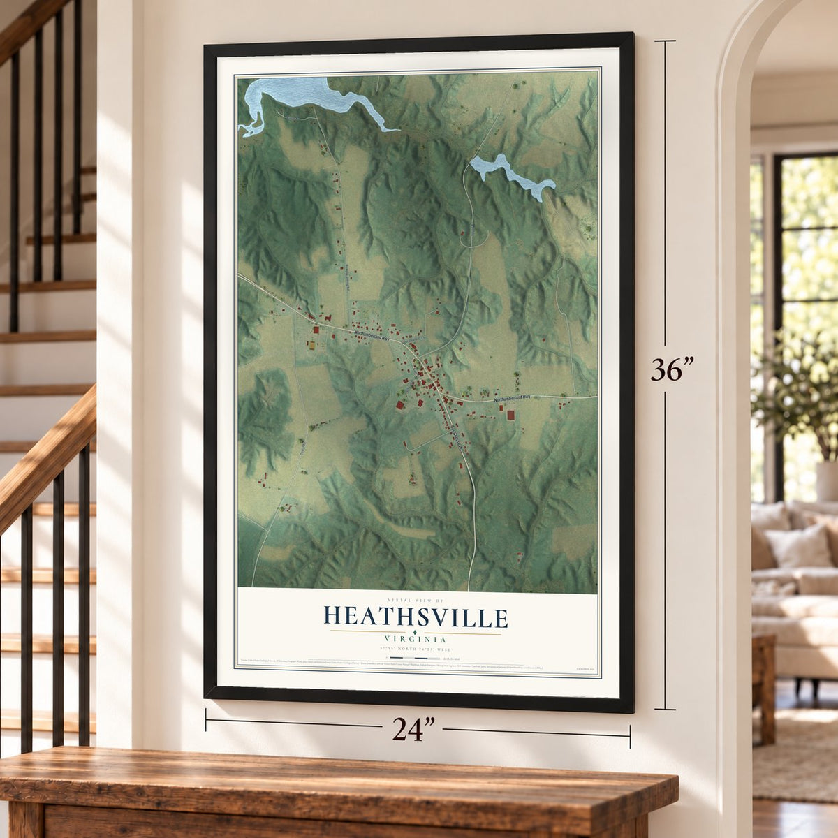 Heathsville, Virginia map, 24 x 36 inch print in a black frame by a staircase