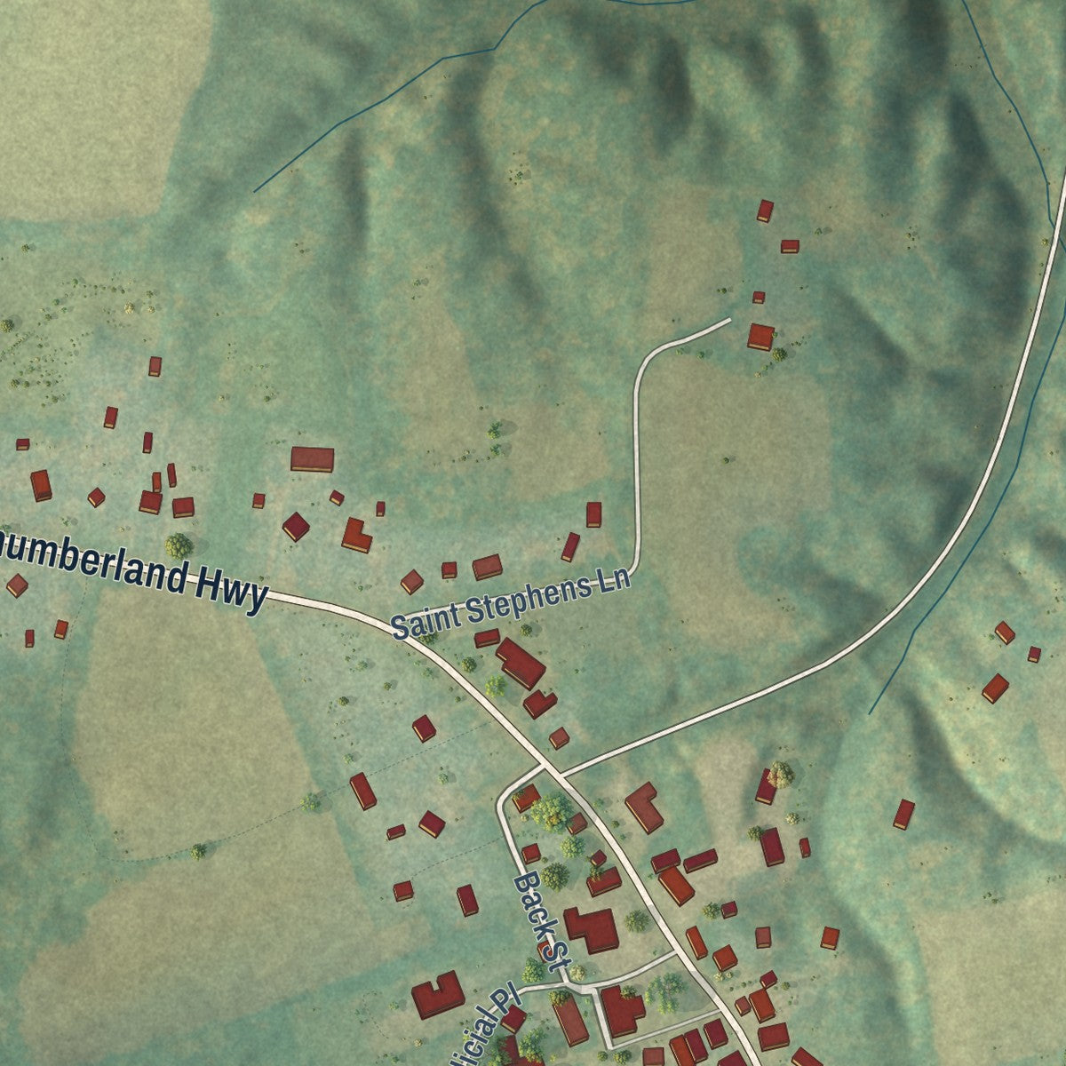 Close-up of the map of Heathsville, Virginia print showing street and building detail