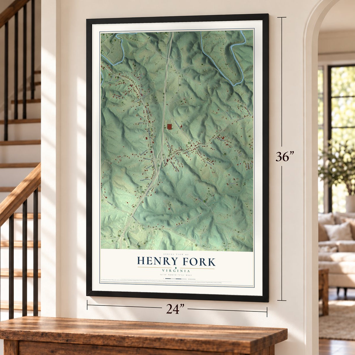 Henry Fork, Virginia map, 24 x 36 inch print in a black frame by a staircase