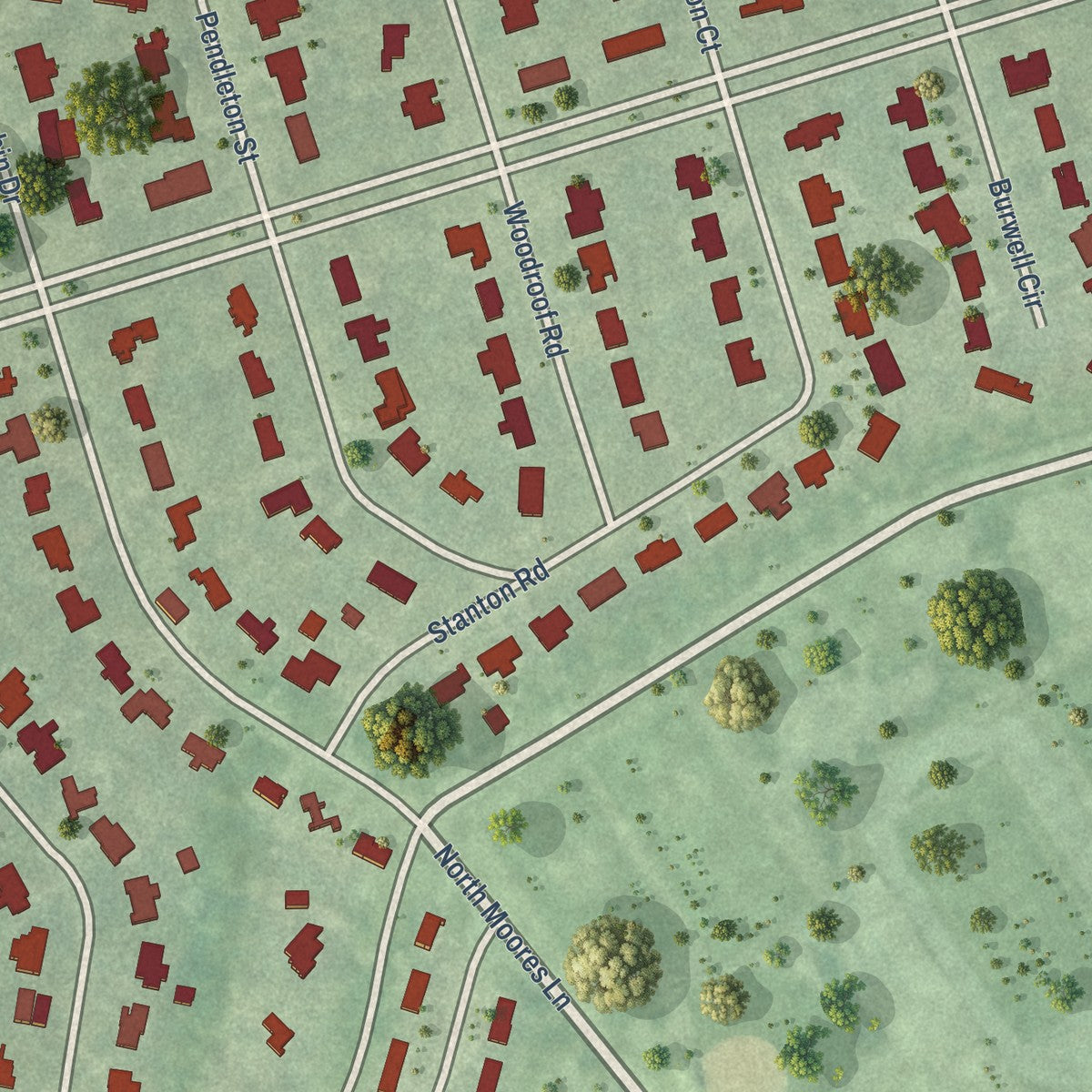 Close-up of the map of Hidenwood, Virginia print showing street and building detail