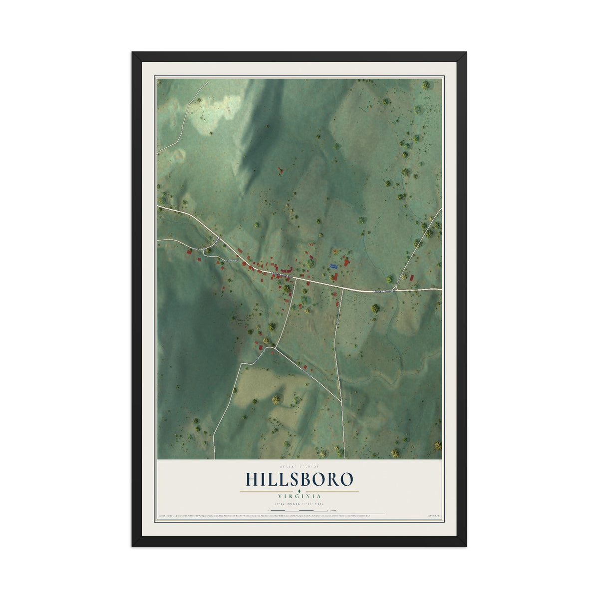 Map of Hillsboro, Virginia, 12 x 18 inch print in a black wood frame