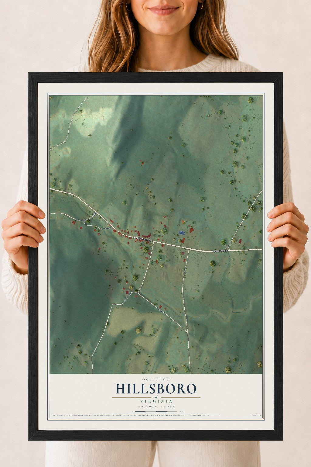 Map of Hillsboro, Virginia, 18 x 24 inch print in a black wood frame