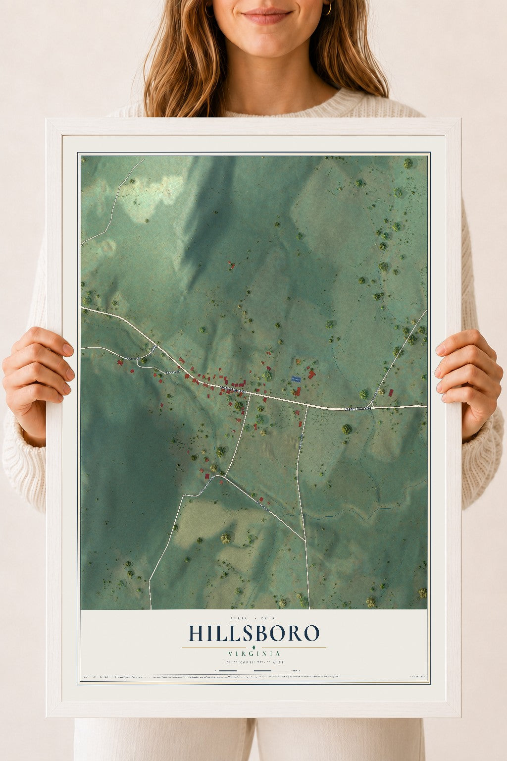 Map of Hillsboro, Virginia, 18 x 24 inch print in a white wood frame