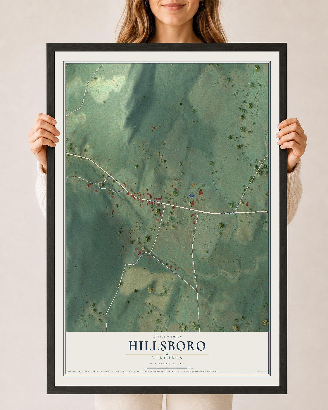 Map of Hillsboro, Virginia, 24 x 36 inch print in a black wood frame