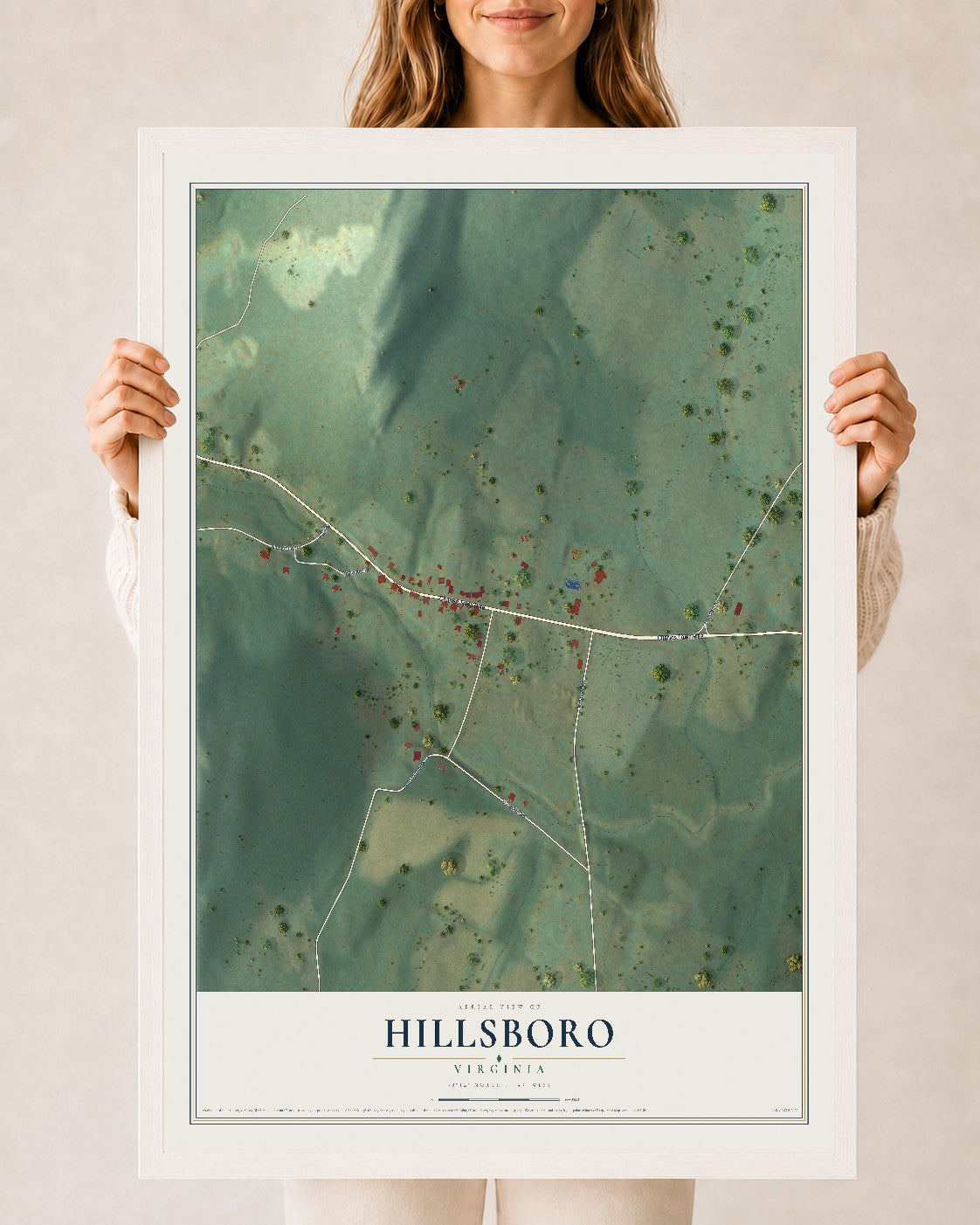 Map of Hillsboro, Virginia, 24 x 36 inch print in a white wood frame