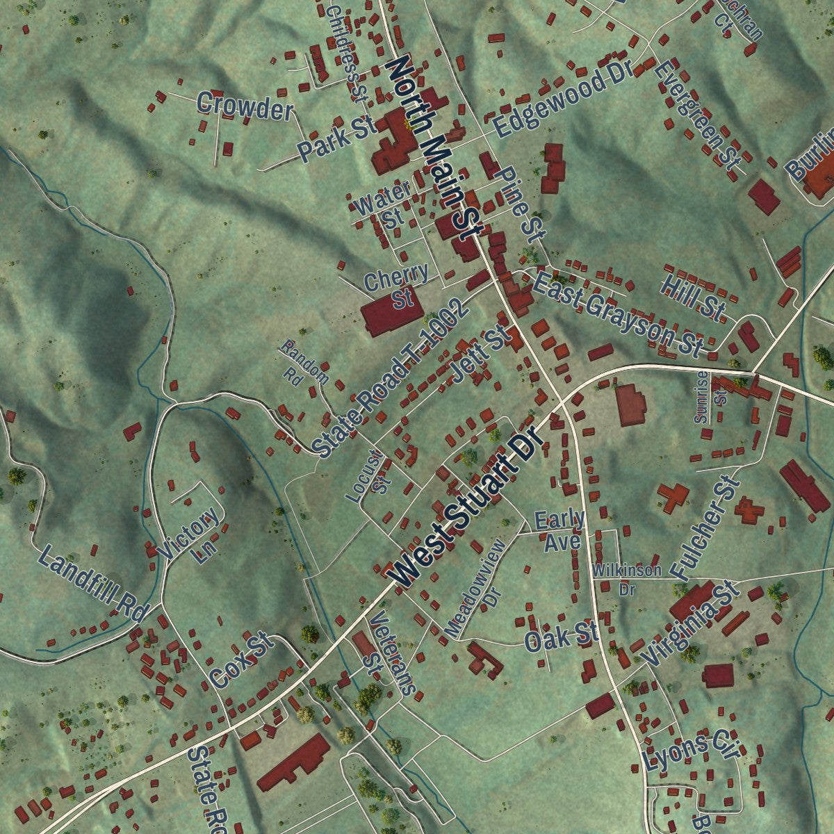 Close-up of the map of Hillsville, Virginia print showing street and building detail