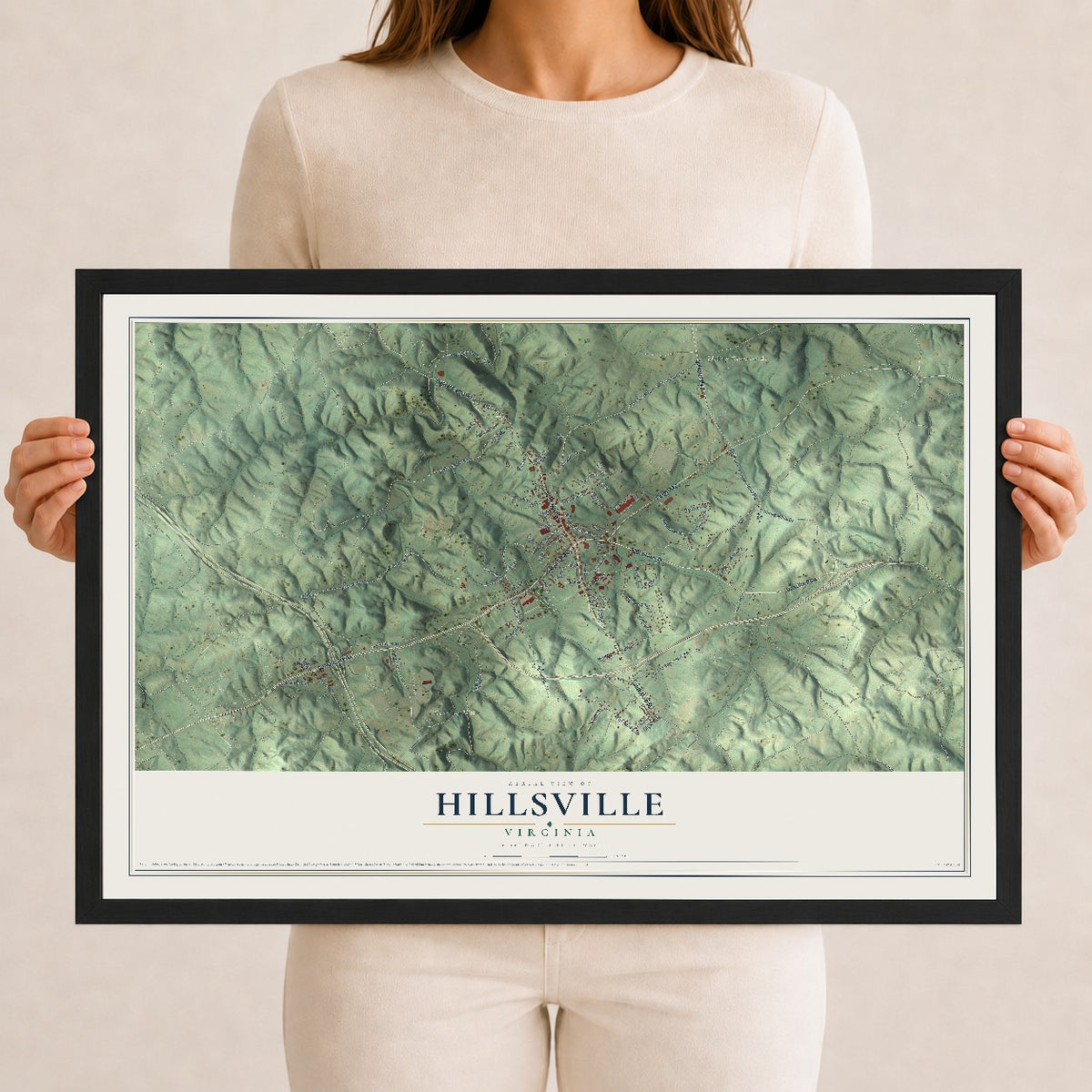 Map of Hillsville, Virginia, 12 x 18 inch print in a black wood frame