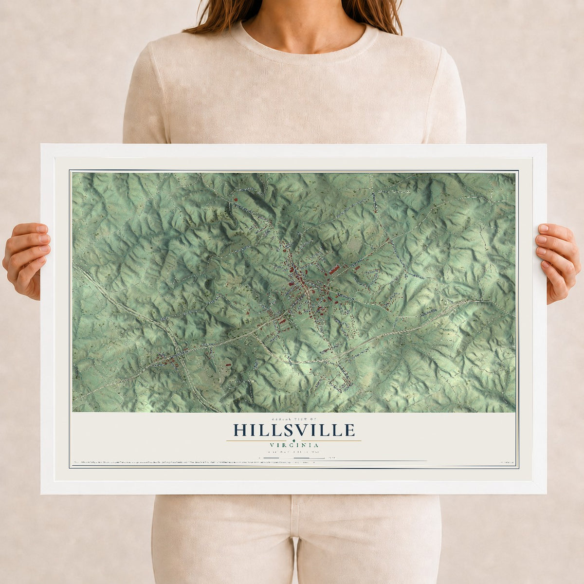 Map of Hillsville, Virginia, 12 x 18 inch print in a white wood frame