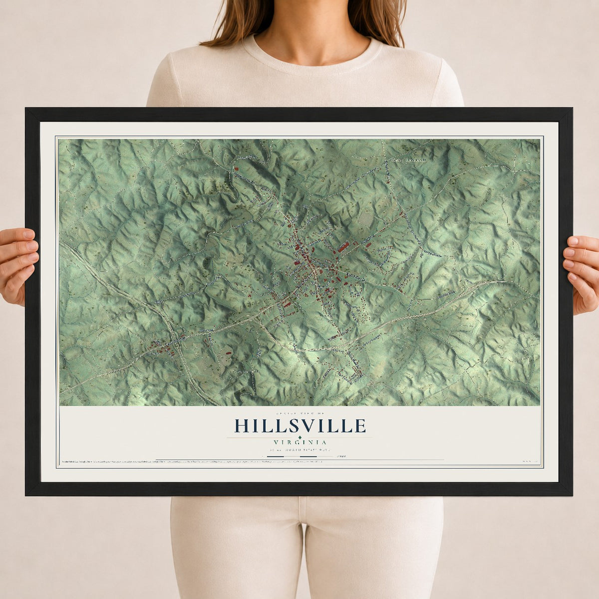 Map of Hillsville, Virginia, 18 x 24 inch print in a black wood frame