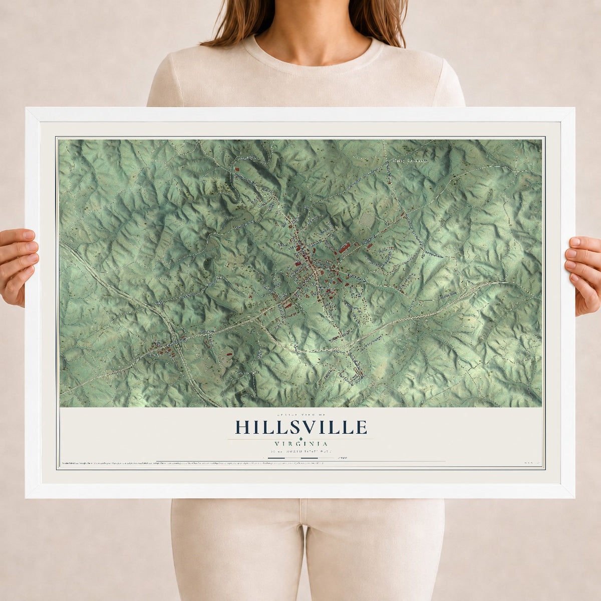 Map of Hillsville, Virginia, 18 x 24 inch print in a white wood frame
