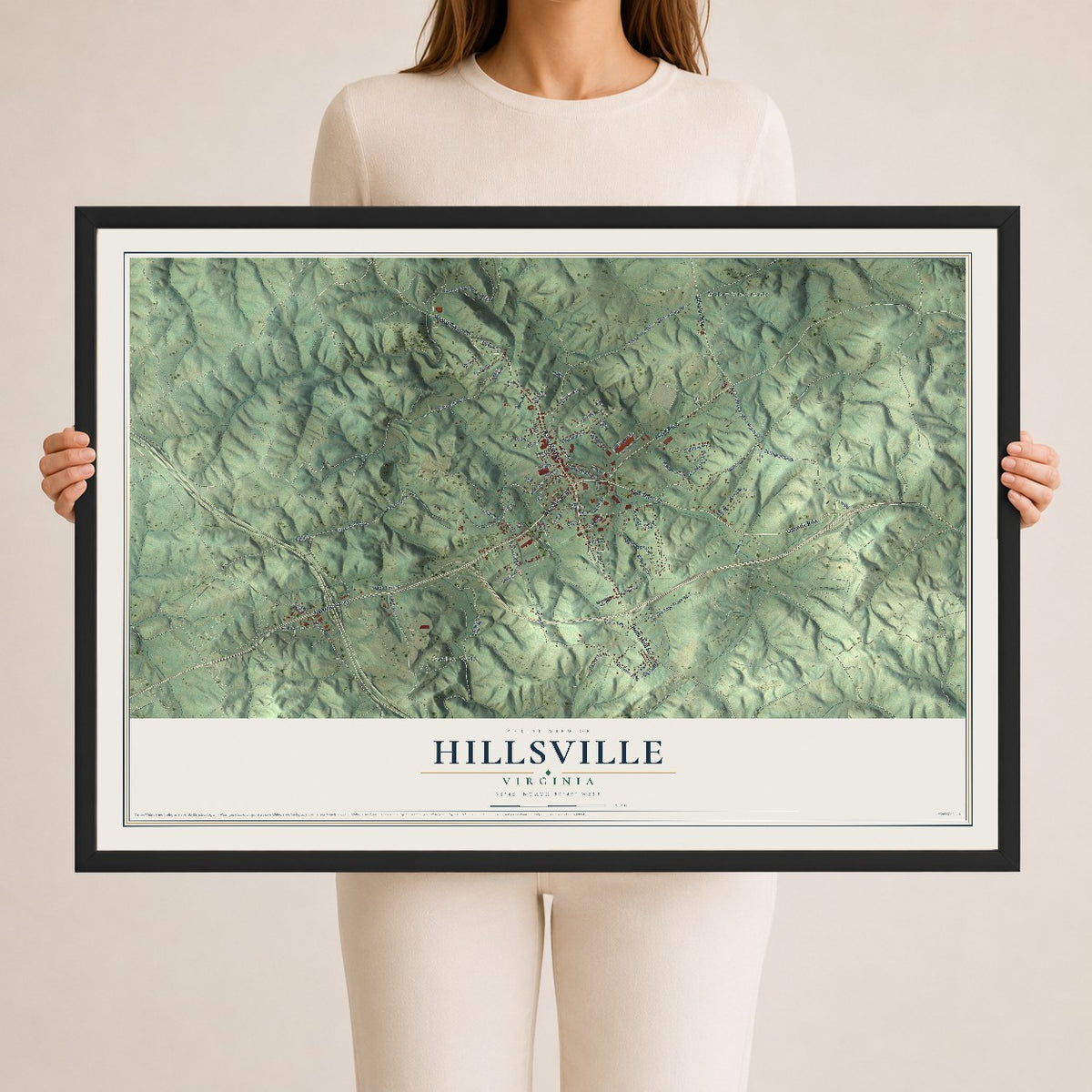 Map of Hillsville, Virginia, 24 x 36 inch print in a black wood frame