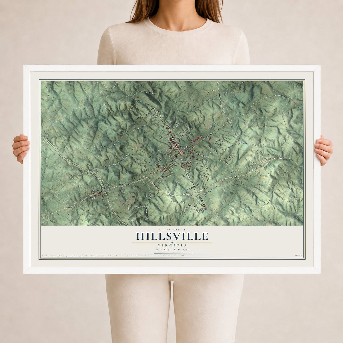 Map of Hillsville, Virginia, 24 x 36 inch print in a white wood frame
