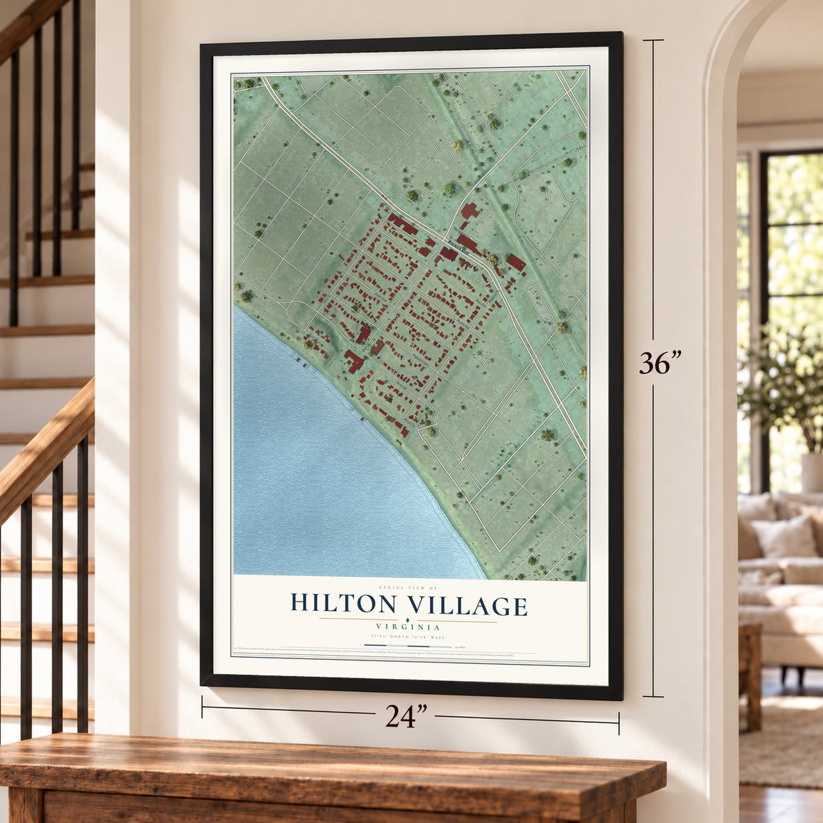 Hilton Village, Virginia map, 24 x 36 inch print in a black frame by a staircase
