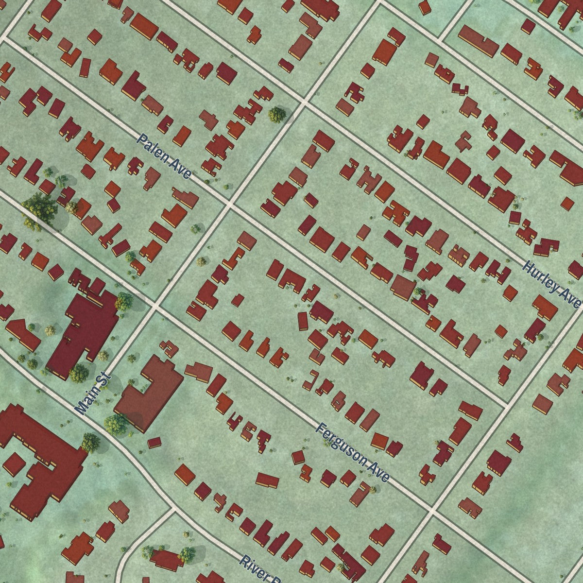 Close-up of the map of Hilton Village, Virginia print showing street and building detail