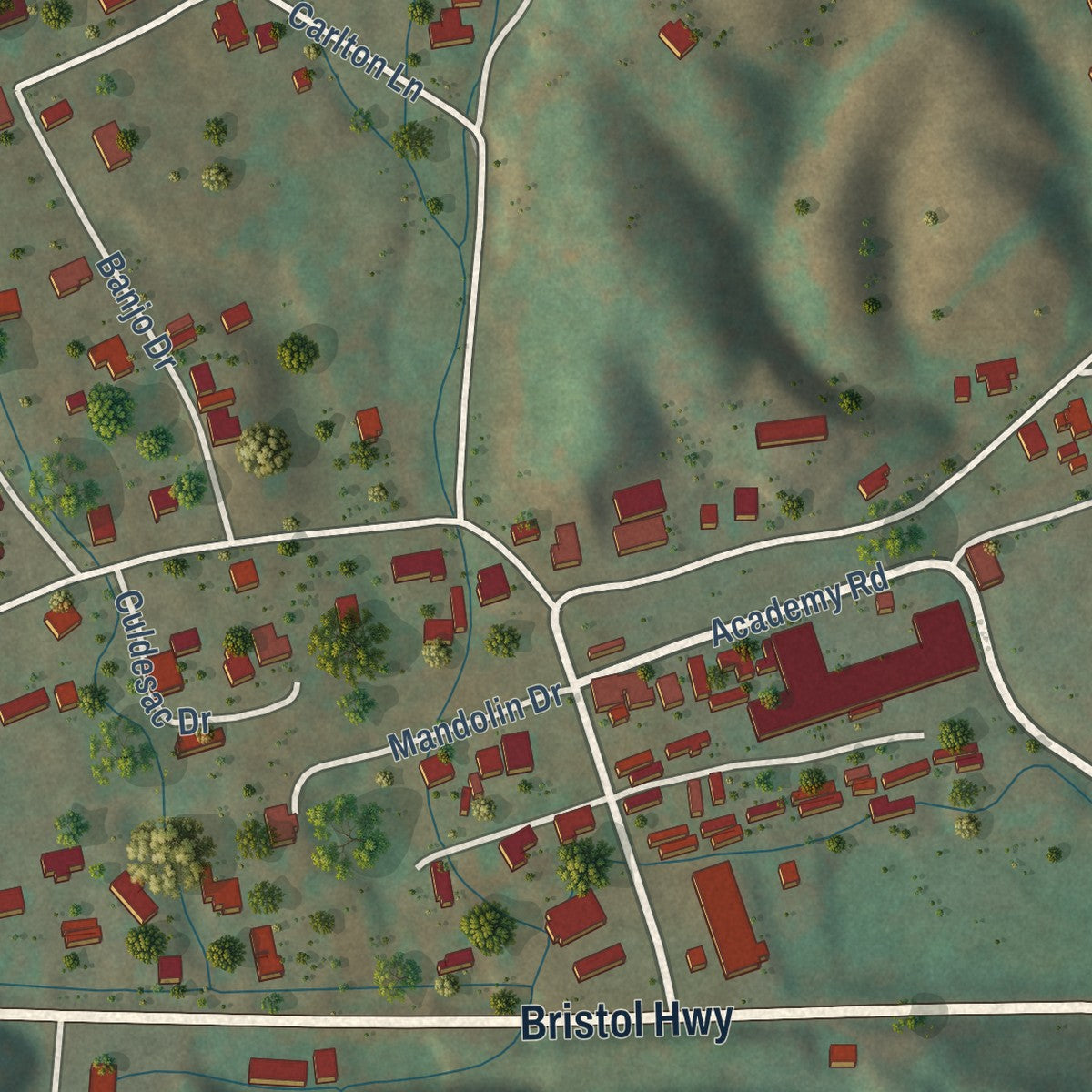 Close-up of the map of Hiltons, Virginia print showing street and building detail