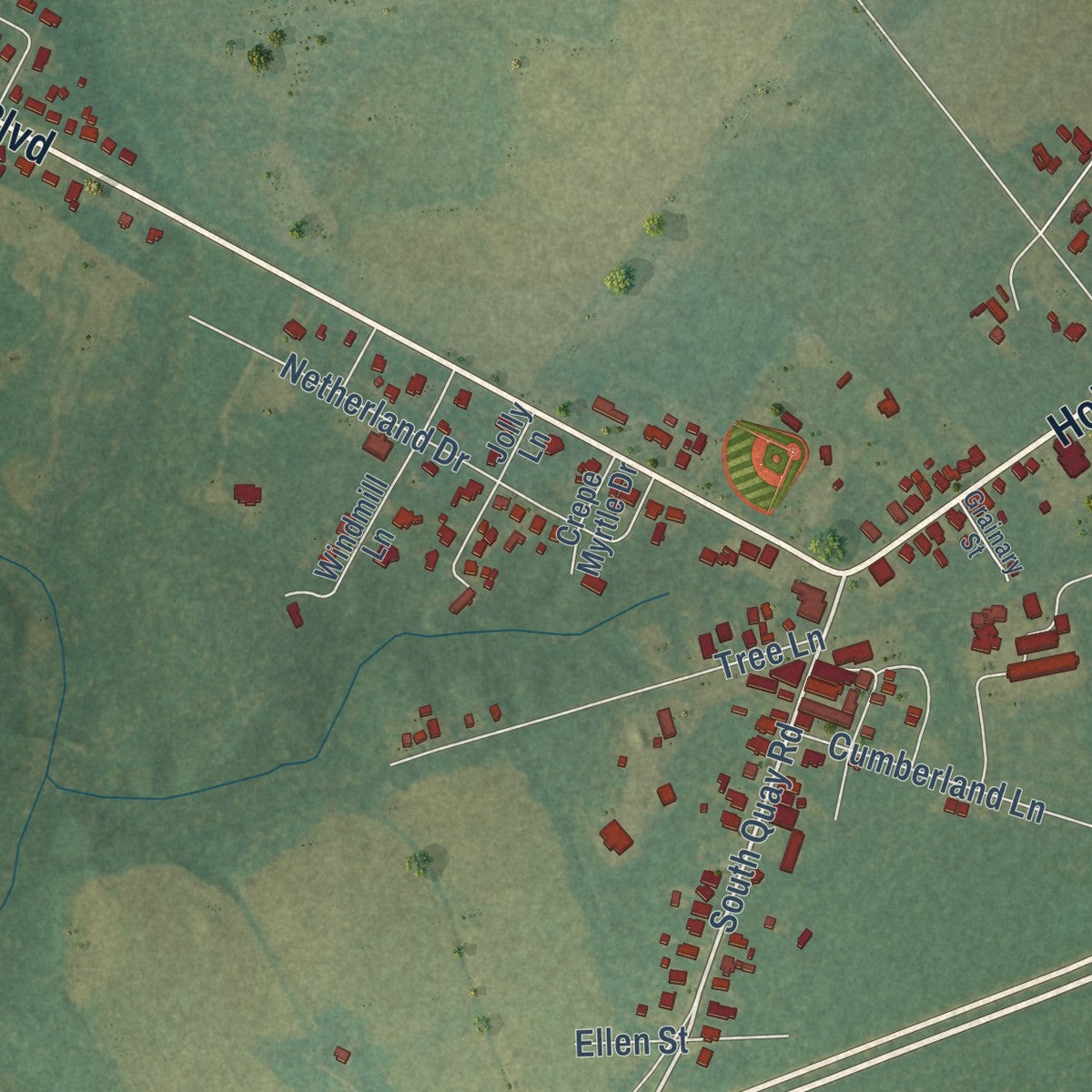 Close-up of the map of Holland, Virginia print showing street and building detail