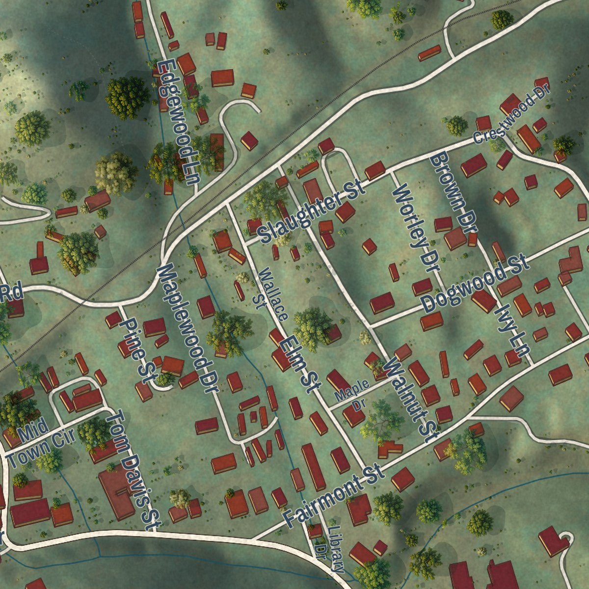 Close-up of the map of Honaker, Virginia print showing street and building detail