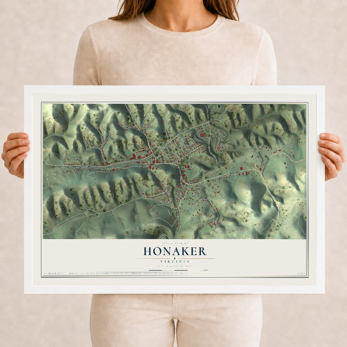 Map of Honaker, Virginia, 12 x 18 inch print in a white wood frame