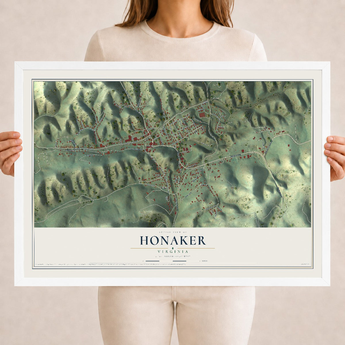 Map of Honaker, Virginia, 18 x 24 inch print in a white wood frame