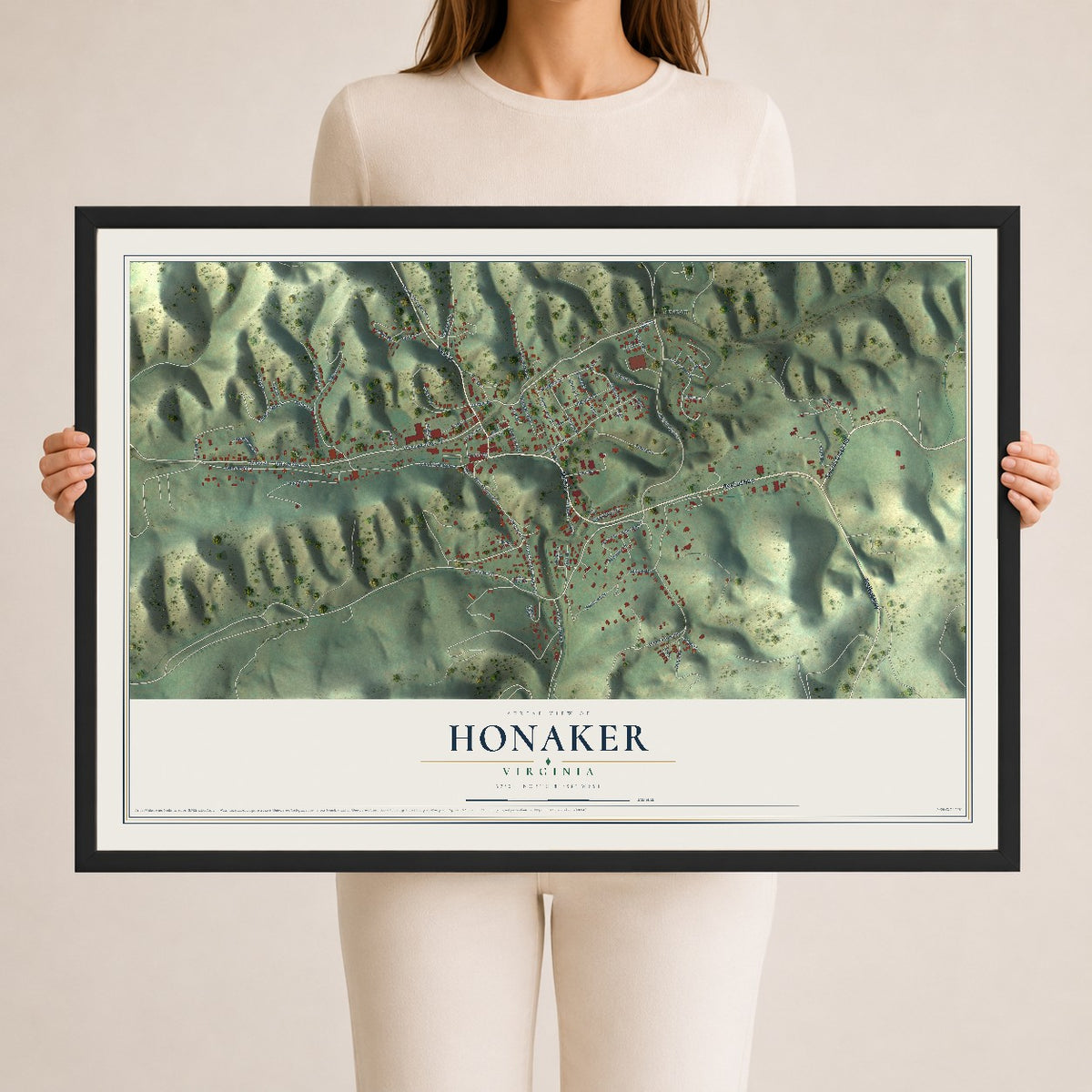 Map of Honaker, Virginia, 24 x 36 inch print in a black wood frame