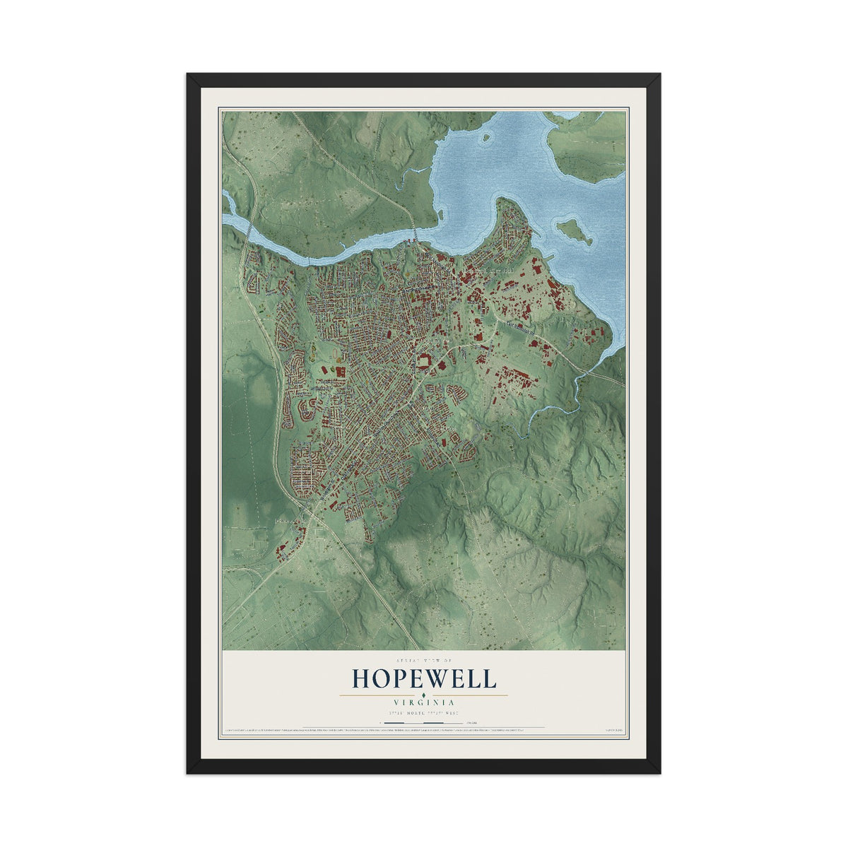 Map of Hopewell, Virginia, 12 x 18 inch print in a black wood frame