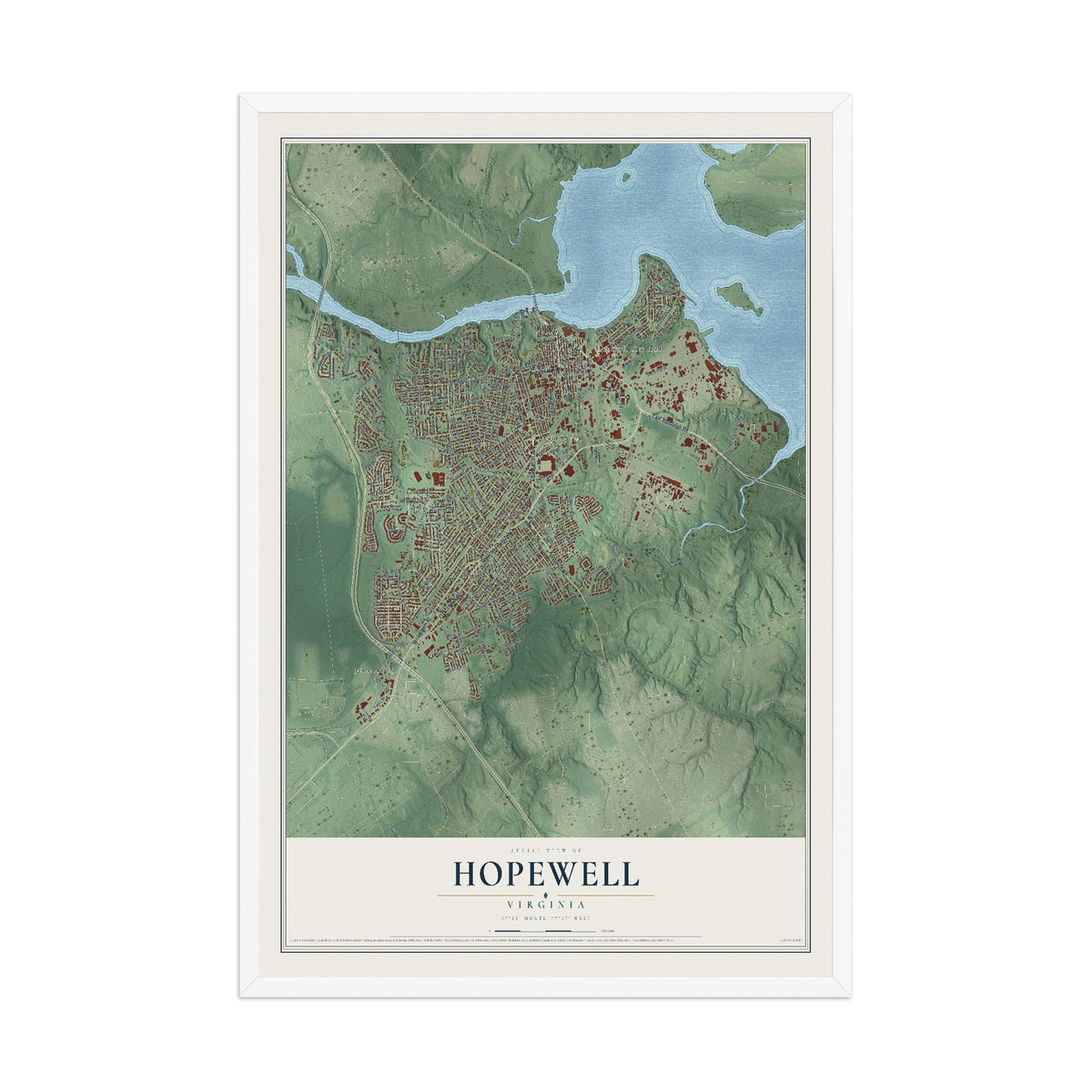 Map of Hopewell, Virginia, 12 x 18 inch print in a white wood frame