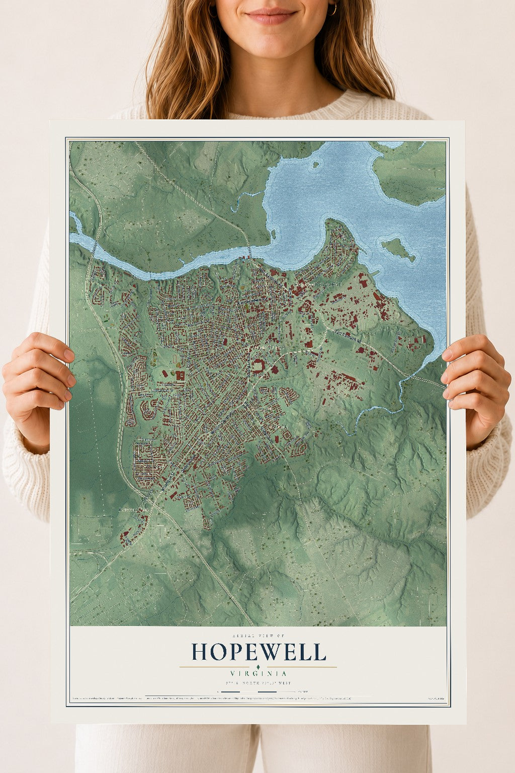 Map of Hopewell, Virginia, 18 x 24 inch unframed archival matte print
