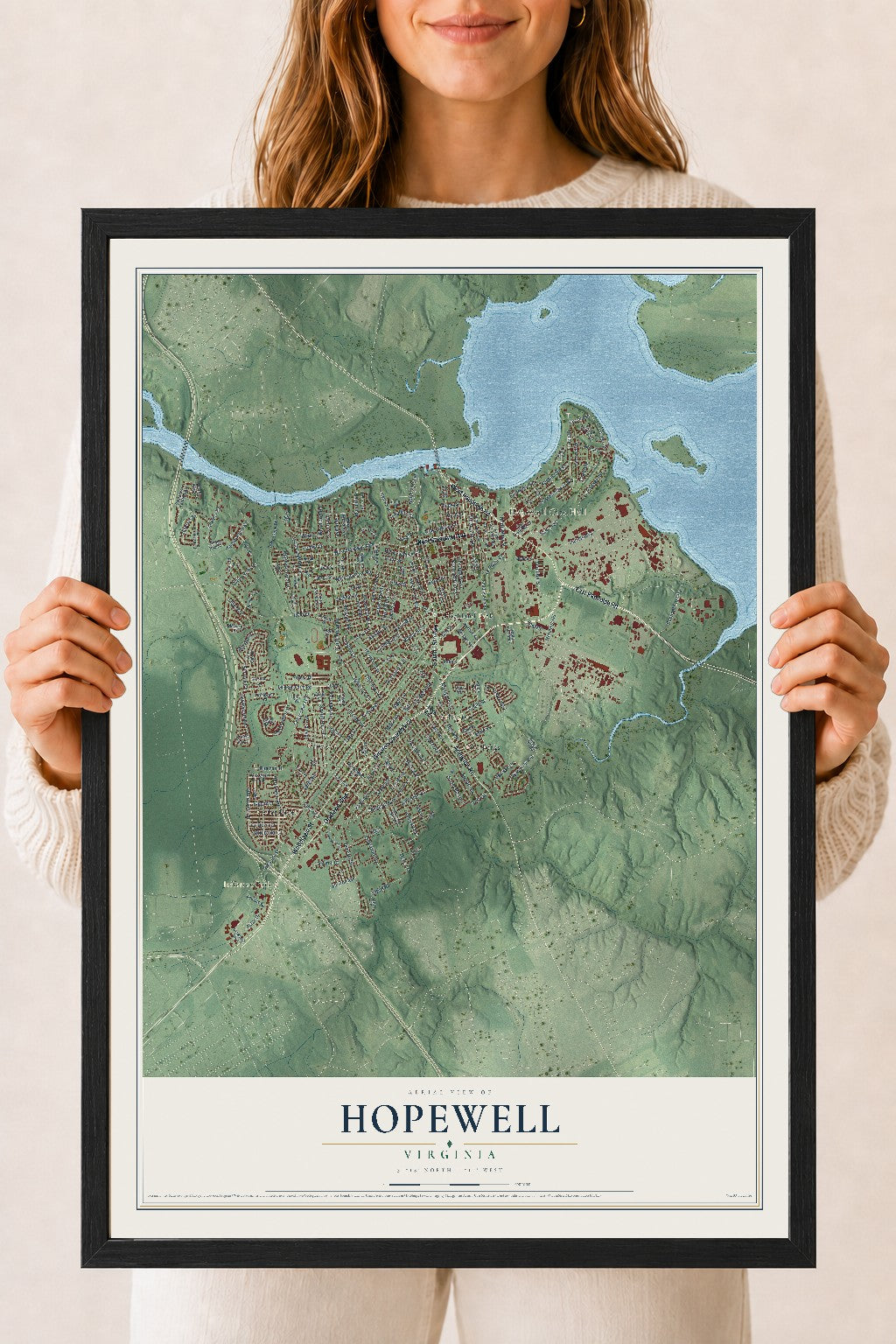 Map of Hopewell, Virginia, 18 x 24 inch print in a black wood frame