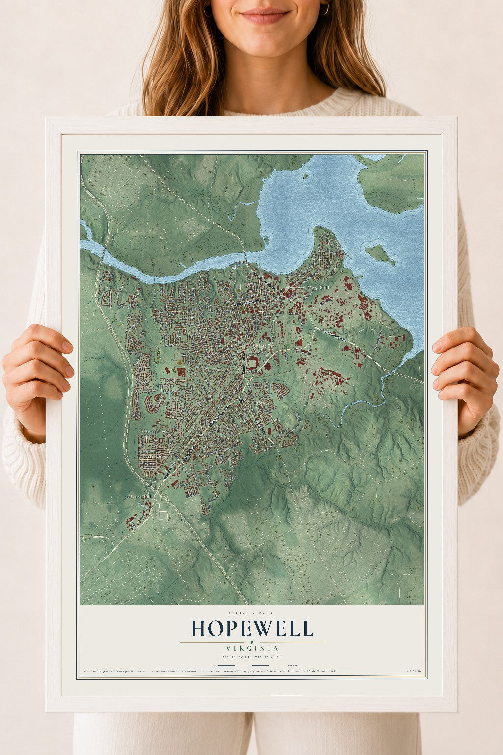 Map of Hopewell, Virginia, 18 x 24 inch print in a white wood frame