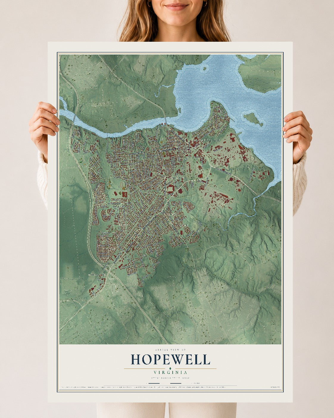 Map of Hopewell, Virginia, 24 x 36 inch unframed archival matte print