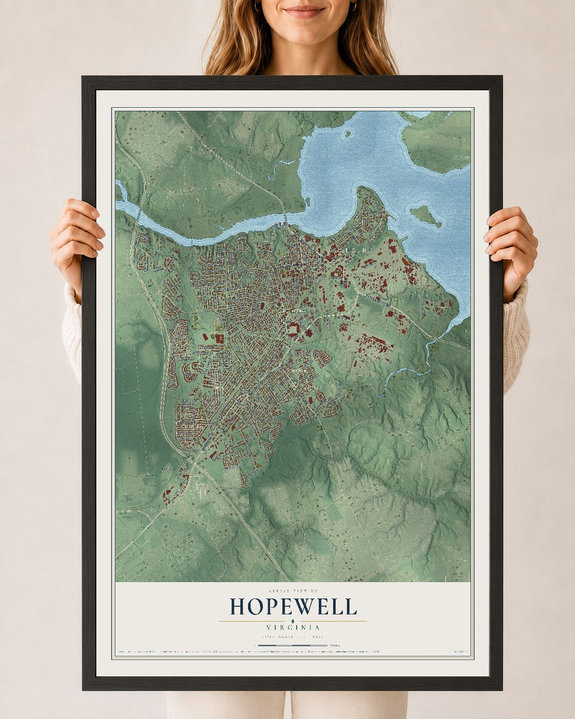 Map of Hopewell, Virginia, 24 x 36 inch print in a black wood frame