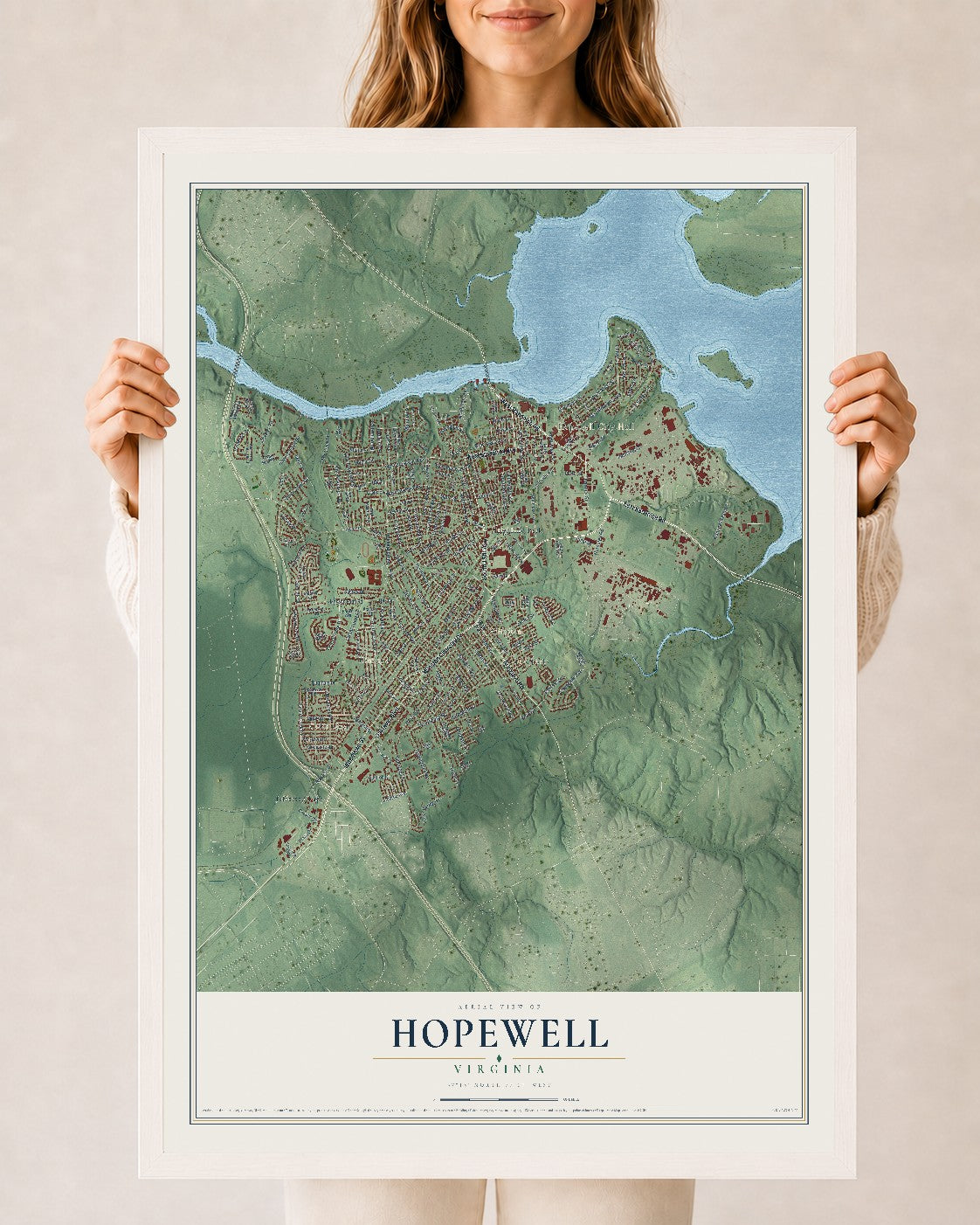 Map of Hopewell, Virginia, 24 x 36 inch print in a white wood frame