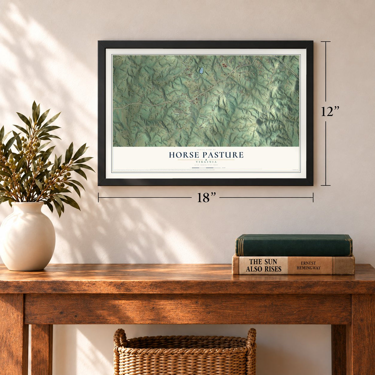 Horse Pasture, Virginia map, 12 x 18 inch print in a black frame in an entryway