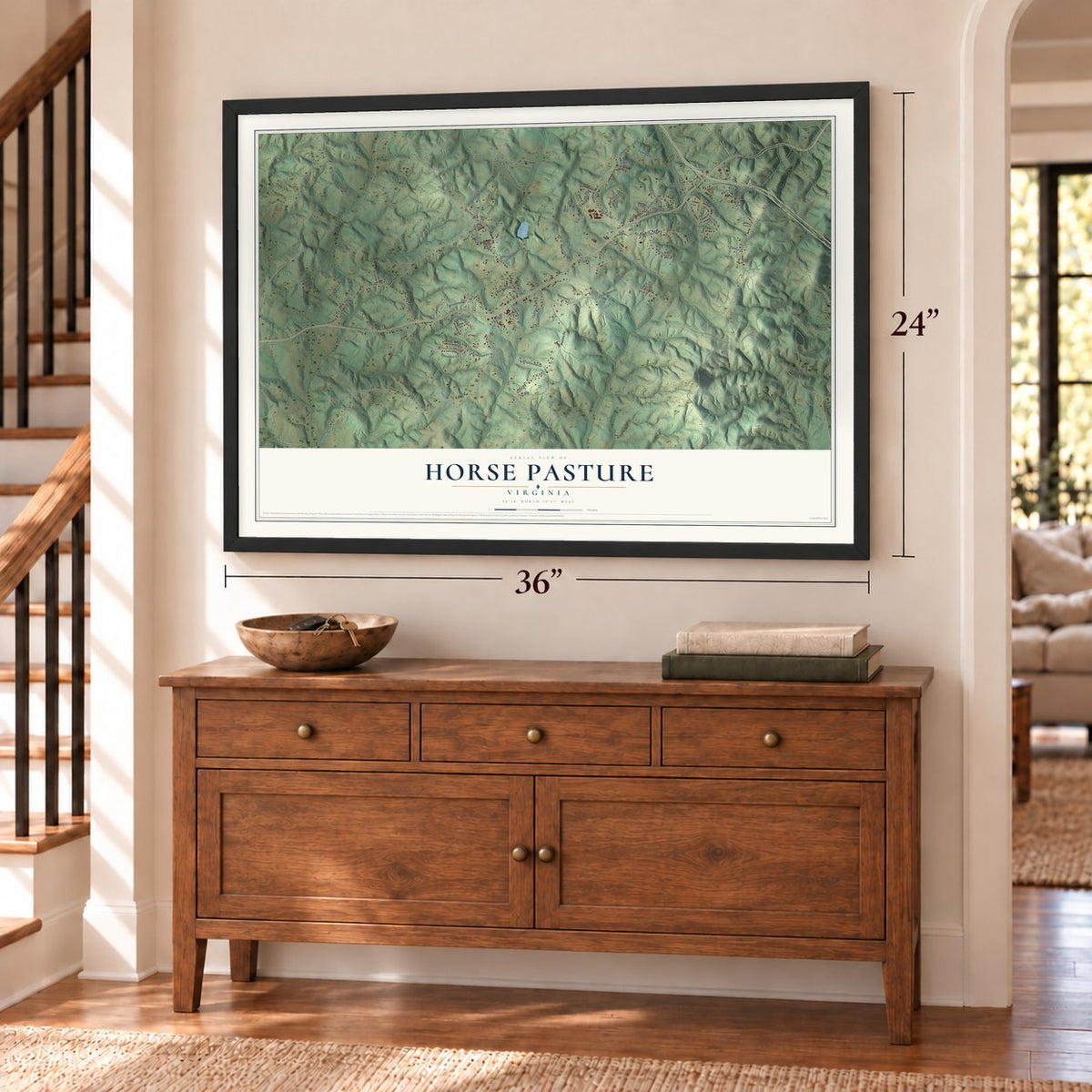 Horse Pasture, Virginia map, 24 x 36 inch print in a black frame above a dresser by a staircase