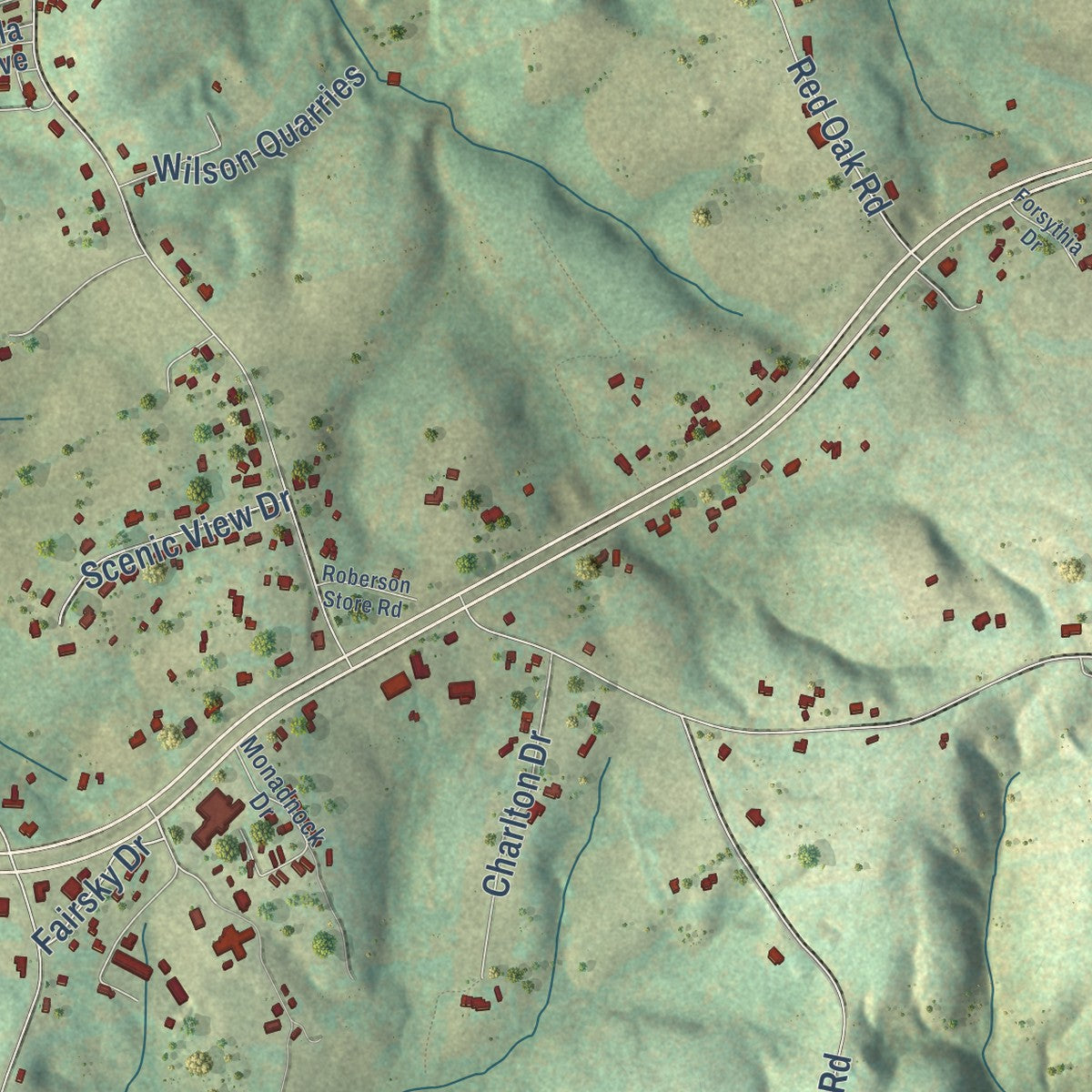Close-up of the map of Horse Pasture, Virginia print showing street and building detail
