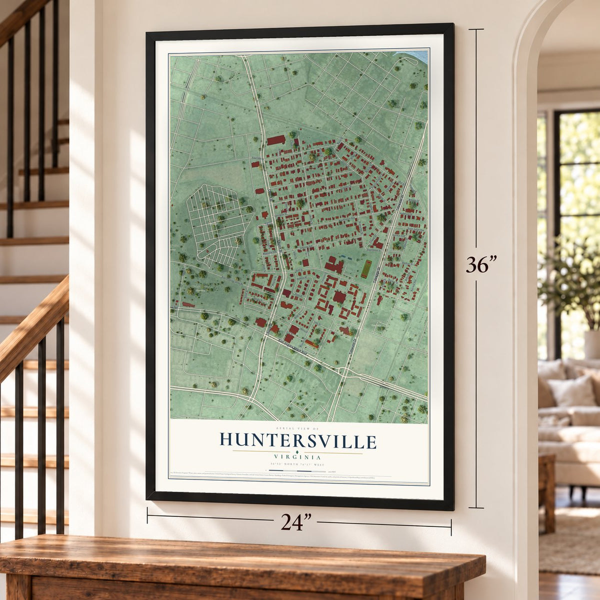 Huntersville, Virginia map, 24 x 36 inch print in a black frame by a staircase
