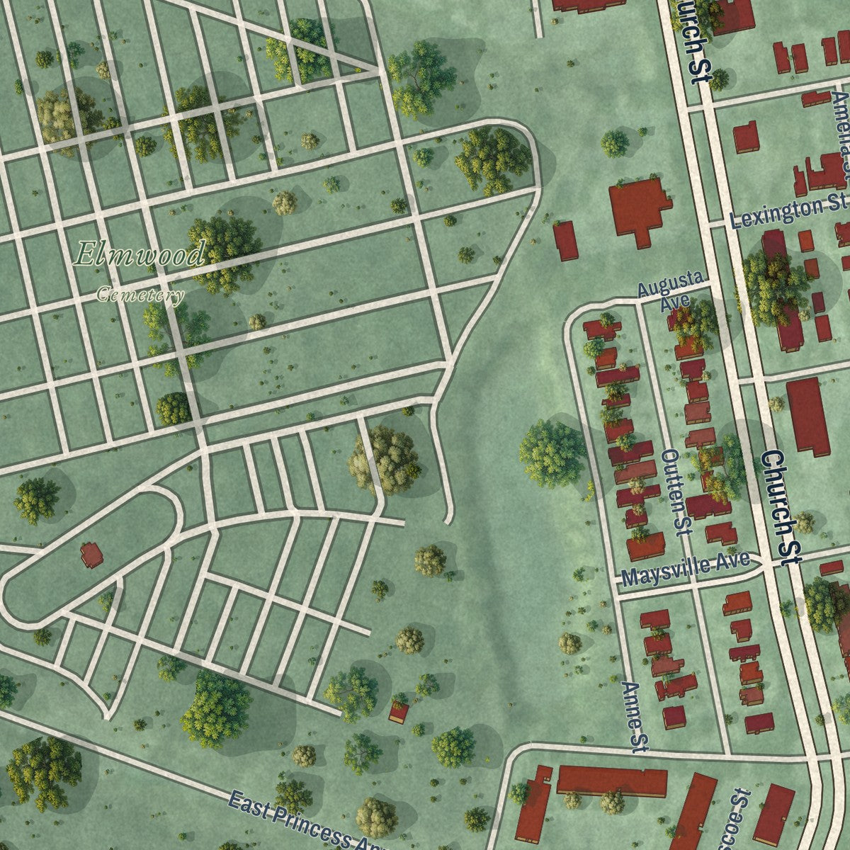 Close-up of the map of Huntersville, Virginia print showing street and building detail
