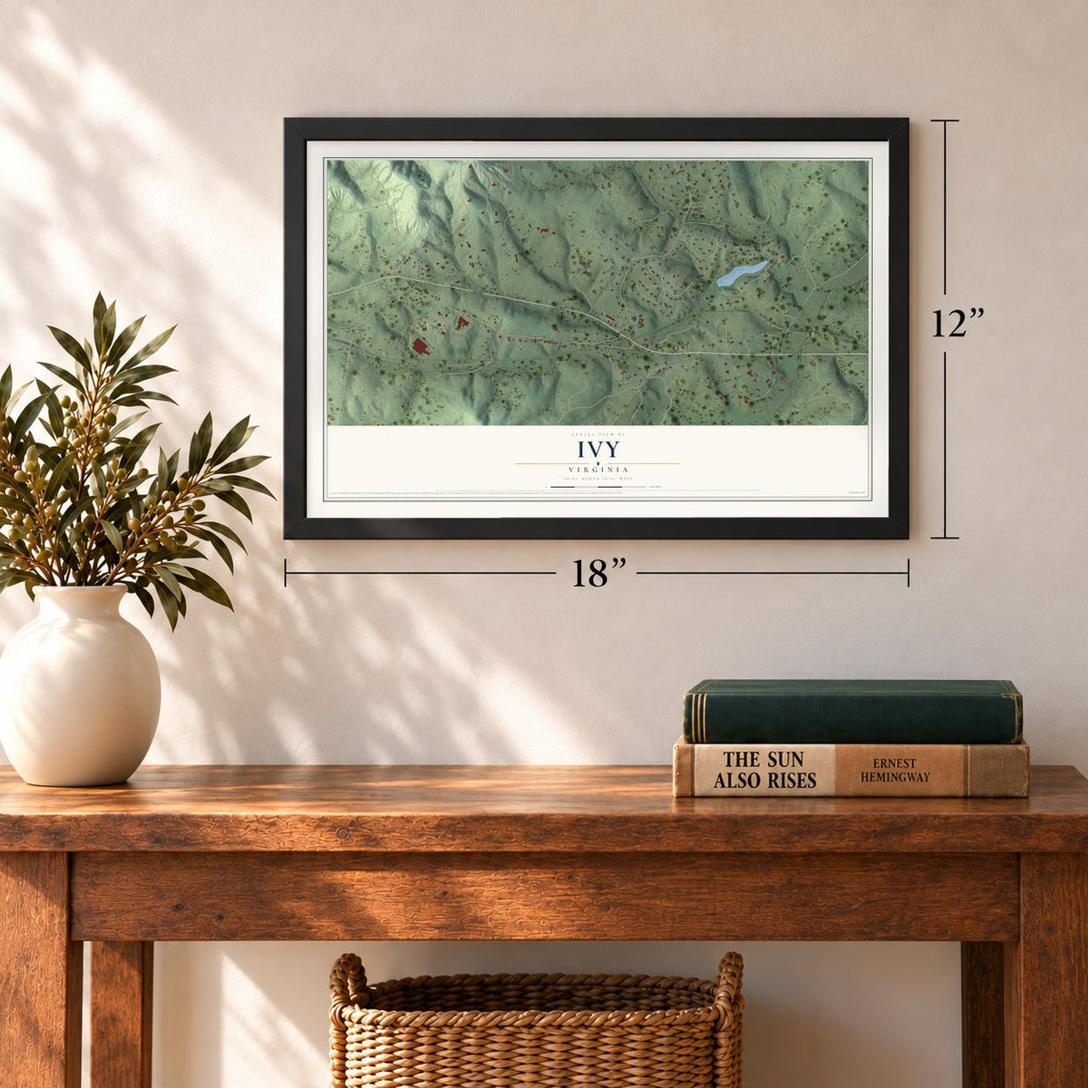 Ivy, Virginia map, 12 x 18 inch print in a black frame in an entryway