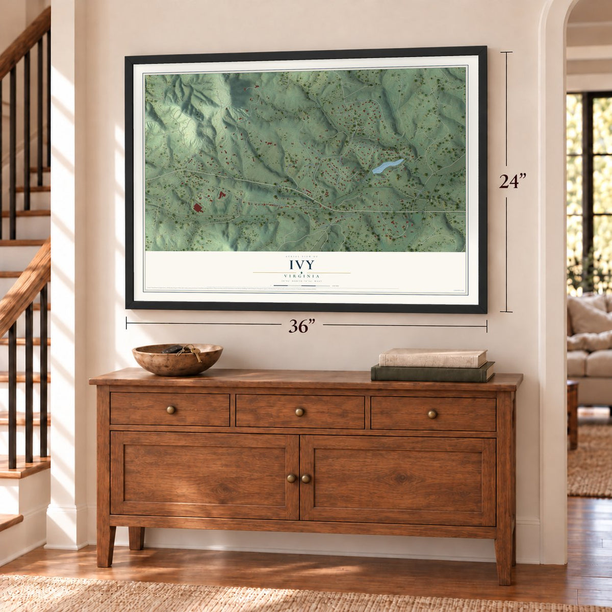 Ivy, Virginia map, 24 x 36 inch print in a black frame above a dresser by a staircase