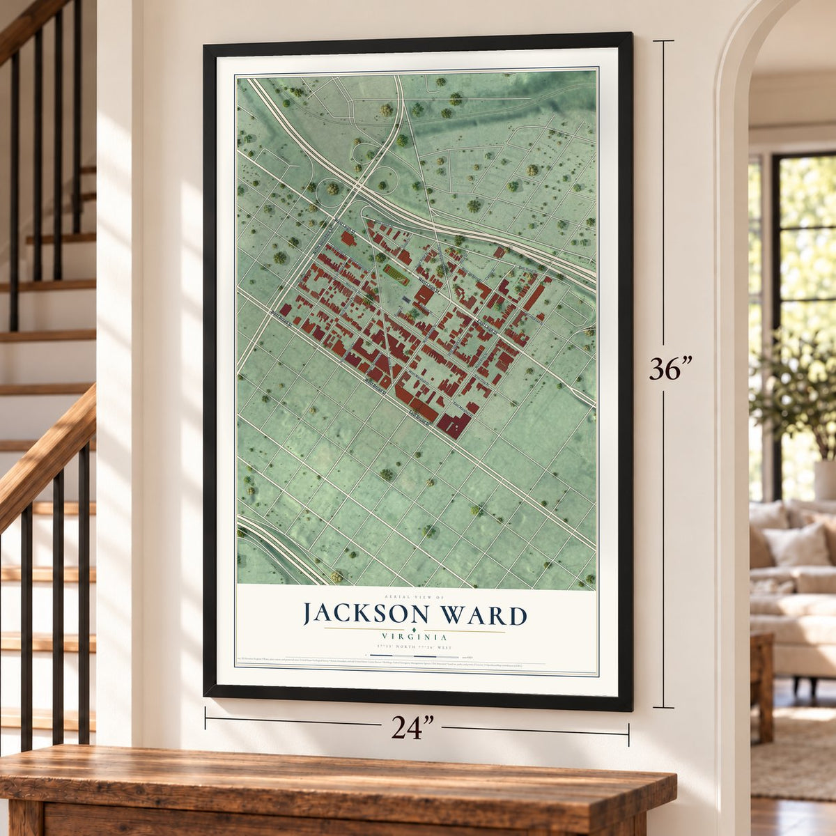 Jackson Ward, Virginia map, 24 x 36 inch print in a black frame by a staircase